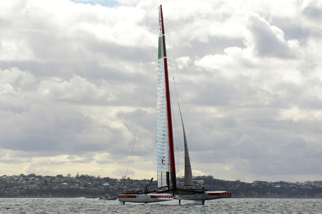 Luna Rossa approaches the camera boat in full and steady flight - Emirates Team NZ and Luna Rossa Race Training - March 6, 2013 © Sail-World.com/NZ 